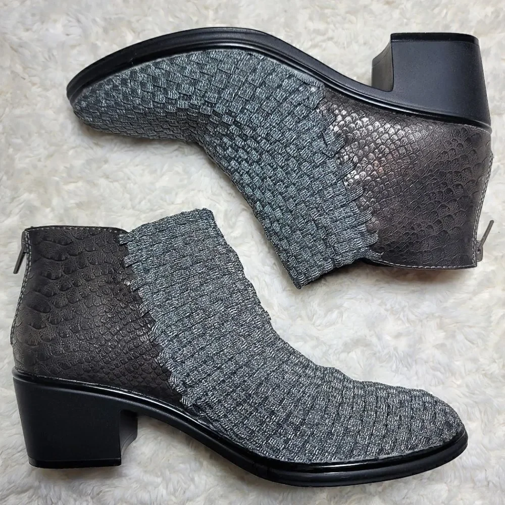 Steven by Steve Madden Penga Woven Embossed Stretch Silver & Brown Ankle Bootie